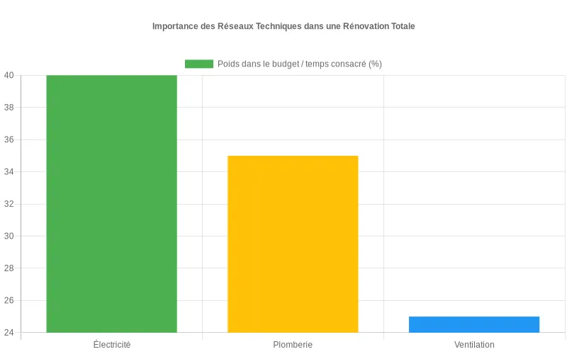 Répartition budgétaire des réseaux techniques en rénovation  :  électricité 40%, plomberie 35%, ventilation 25%