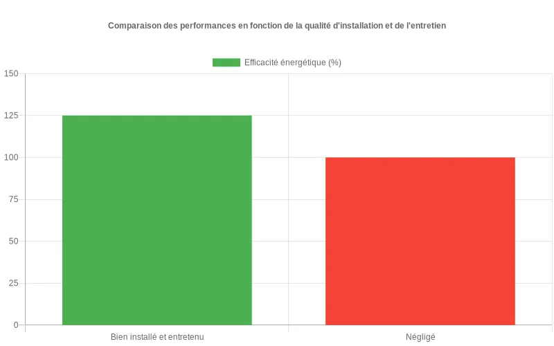 Comparaison visuelle montrant +25% d'efficacité pour un système solaire bien entretenu versus un système négligé