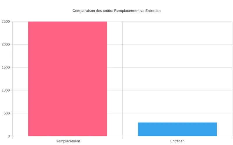 Bar chart comparant les coûts élevés de remplacement d'équipements versus les dépenses modérées d'entretien préventif régulier.