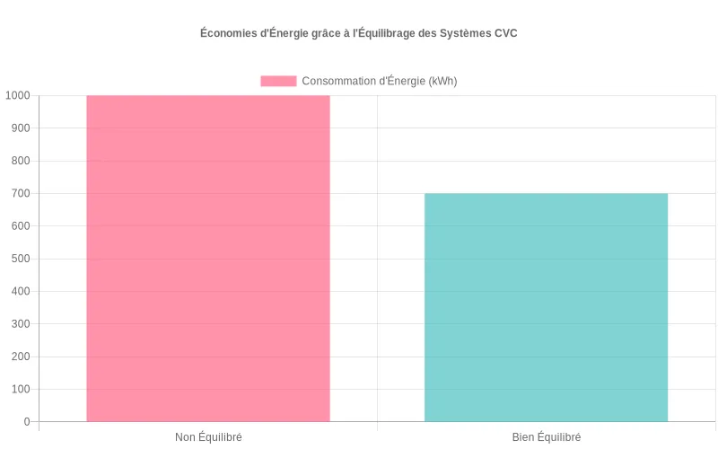 Bar Chart présentant l'impact de l'équilibrage sur l'efficacité des systèmes CVC avec pourcentages de consommation réduite pour chaque configuration. Comparaison des économies d'énergie entre systèmes CVC équilibrés et non équilibrés montrant des pourcentages de réduction significatifs.