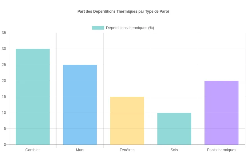 Répartition des déperditions thermiques par paroi montrant 30% combles, 25% murs, 15% fenêtres