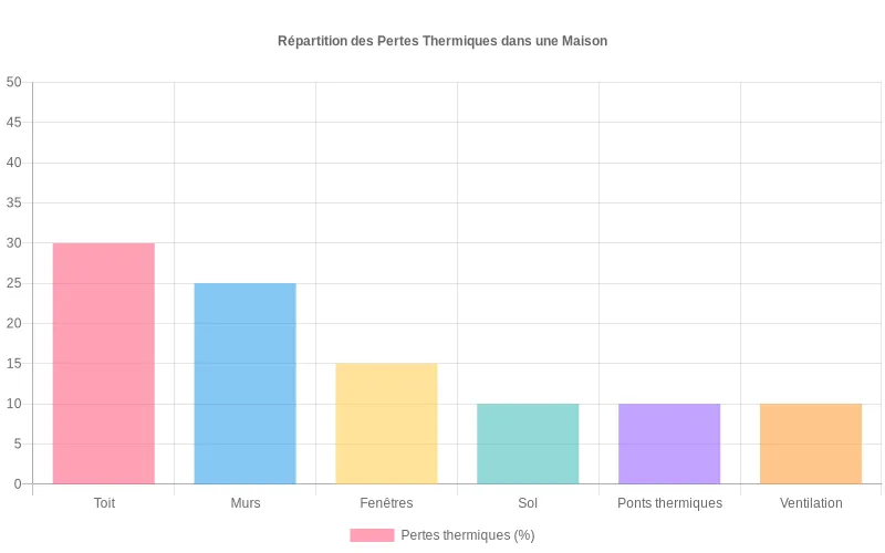 Diagramme des déperditions thermiques d'une habitation  :  toit 30%, murs 25%, fenêtres 15% - zones prioritaires d'isolation