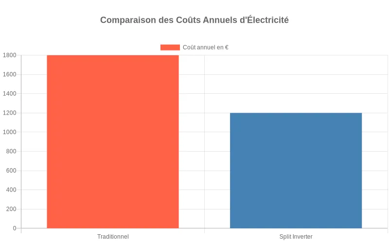 Bar chart comparant les dépenses énergétiques annuelles entre climatisation classique et split inverter en euros.