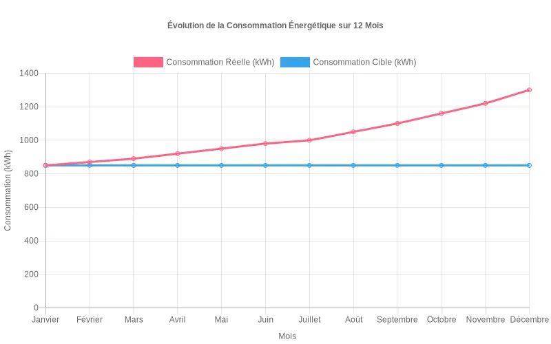 Évolution mensuelle de la consommation en kWh d'une installation frigorifique révélant une dérive énergétique