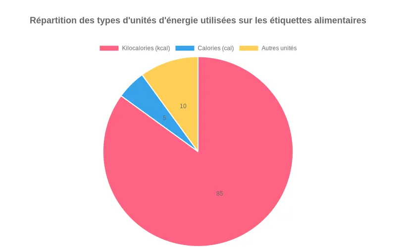 Diagramme circulaire montrant la prédominance des kilocalories (kcal) par rapport aux calories et autres unités sur les étiquettes alimentaires.