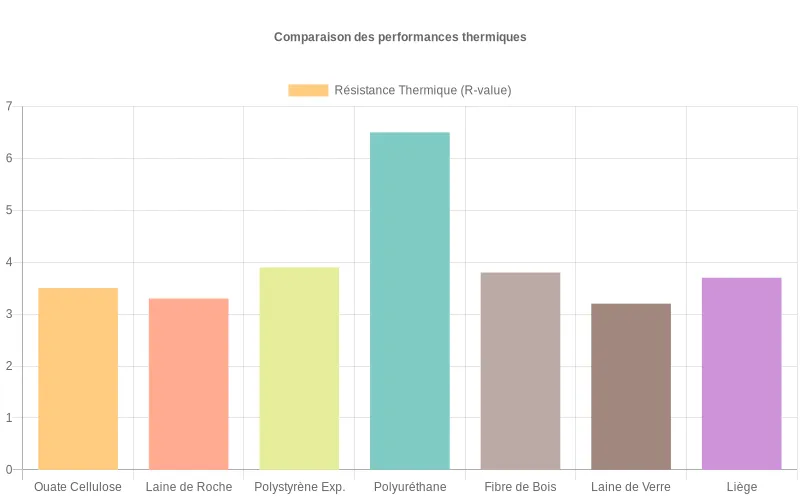 Bar chart comparant les coefficients d'isolation thermique de la ouate de cellulose versus laine de verre, polystyrène et laine de roche.