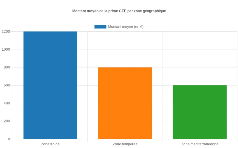 Montants moyens des primes CEE par zone climatique française pour un logement identique