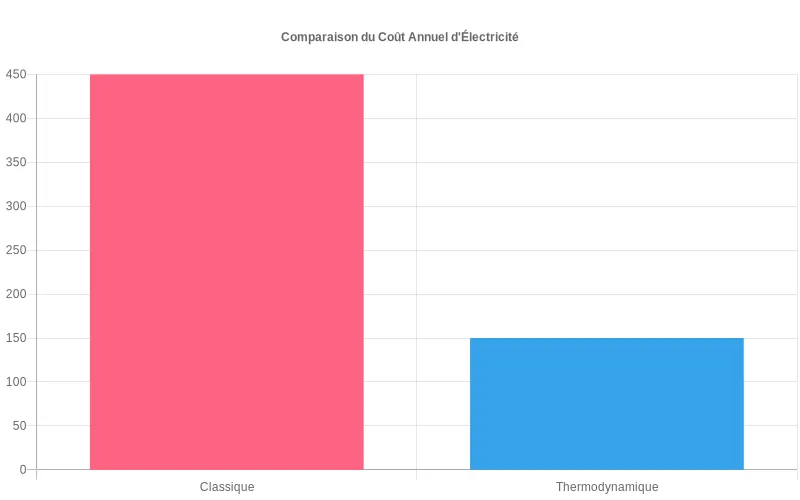 Comparaison des coûts totaux entre chauffe-eau classique et thermodynamique sur 10 et 15 ans avec point de rentabilité visible