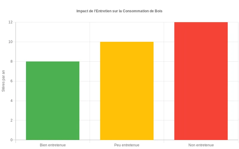 Comparaison consommation bois selon entretien chaudière  :  8, 10 et 12 stères par an