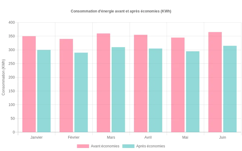 Comparaison visuelle de la consommation énergétique avant/après adoption d'habitudes économes dans différents foyers.