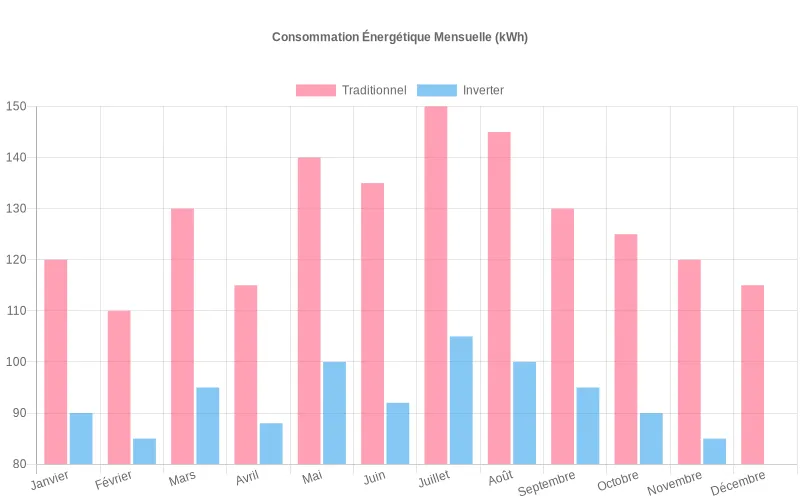 Comparaison mensuelle de consommation énergétique entre climatiseur standard et mobile Inverter montrant les économies réalisables en kWh