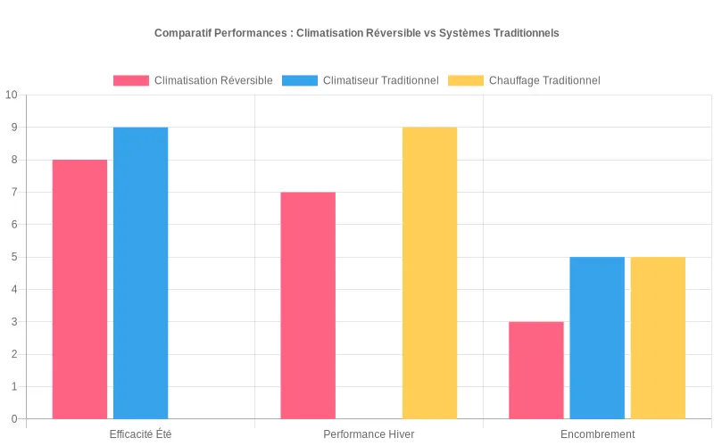 Comparaison d'efficacité : climatisation réversible vs systèmes séparés - performances été/hiver et espace occupé