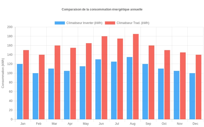 Comparaison économique climatiseur standard vs inverter sur 1, 5 et 10 ans montrant l'amortissement progressif de l'investissement initial