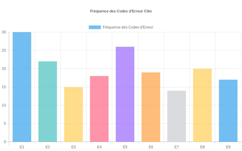 Bar Chart visualisant la fréquence des codes d'erreur E1-E9, permettant d'identifier rapidement les défaillances systèmes prédominantes Diagramme à barres montrant la distribution des codes d'erreur E1 à E9 et leur fréquence d'apparition dans le système