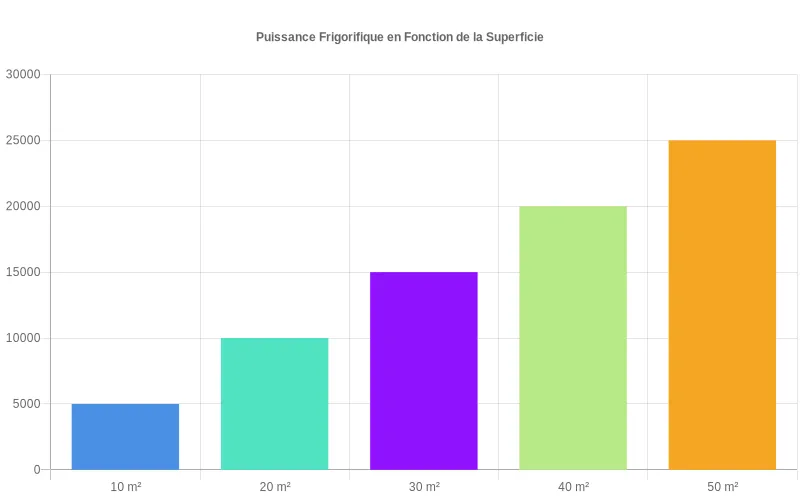 Bar Chart montrant la corrélation entre superficie en m² et puissance frigorifique requise en BTU pour choisir un climatiseur adapté.
