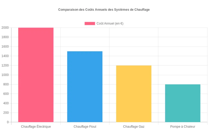 Comparaison des coûts annuels de chauffage pour une maison de 100m²  :  électrique, fioul, gaz et pompe à chaleur.