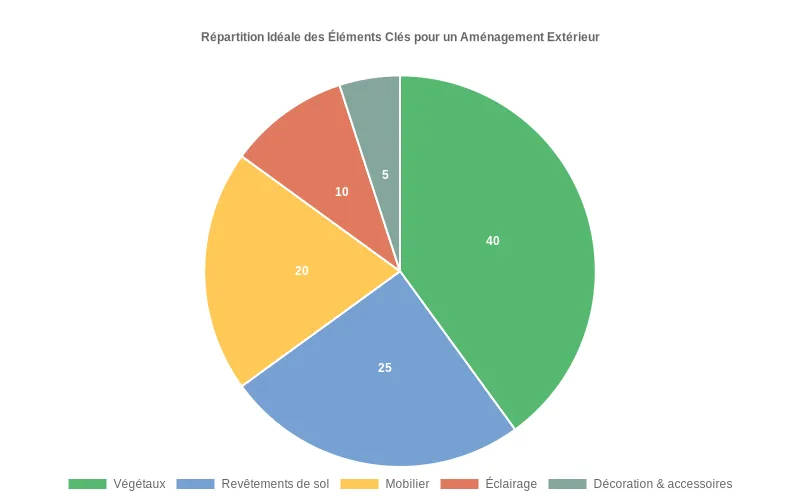 Détail des pourcentages : Végétaux, Revêtements, Mobilier, Éclairage, Déco pour un aménagement extérieur équilibré. Répartition idéale des éléments clés (végétaux, sols, mobilier, éclairage, décoration) pour un aménagement extérieur harmonieux.