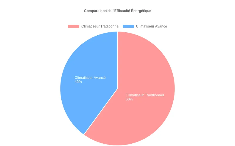 Pie chart comparant l'efficacité énergétique entre climatiseurs standards et modèles avec technologies avancées économisant l'énergie