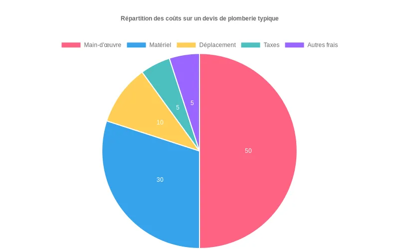 Répartition des principaux postes de dépense sur un devis de plomberie standard, divisés en pourcentages.