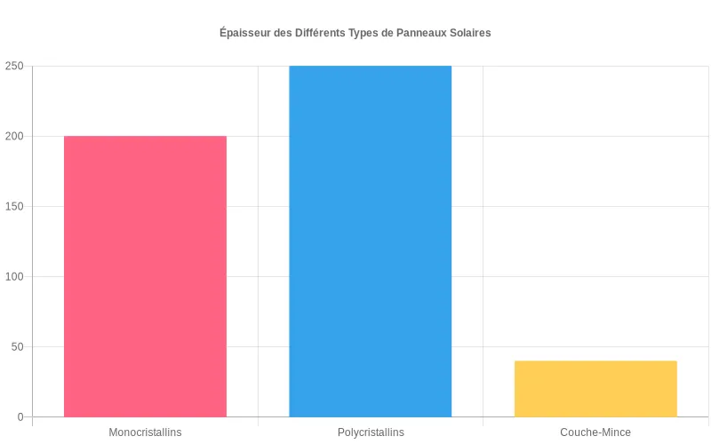 Diagramme en barres montrant la finesse des panneaux solaires à couche mince (1-2mm) versus monocristallins (4-5mm) et polycristallins (3-4mm) Comparaison visuelle de l'épaisseur des panneaux solaires à couche mince, monocristallins et polycristallins en millimètres