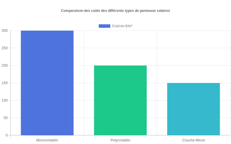 Bar chart présentant les coûts des trois principales technologies de panneaux solaires, avec une mise en évidence de l'économie réalisable grâce aux modèles polycristallins. Comparaison économique des panneaux solaires monocristallins, polycristallins et à couche mince montrant l'avantage financier des modèles polycristallins.