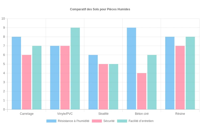 Barres comparatives détaillant la performance des sols de pièces humides face à l'humidité, la sécurité et l'entretien.