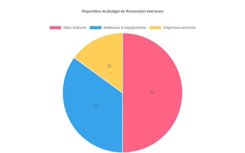 Répartition budgétaire rénovation intérieure  :  50% main-d'œuvre, 35% matériaux, 15% annexes
