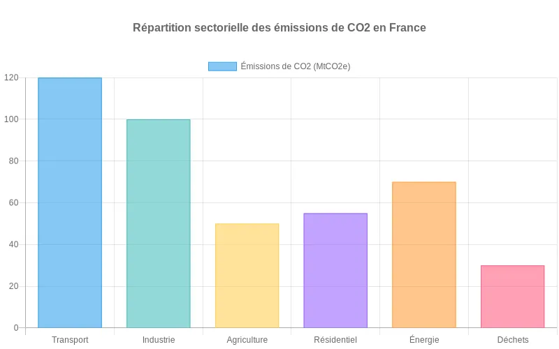Données visuelles sur les émissions de CO2 par secteur en France, mettant en évidence les zones critiques nécessitant des actions écologiques urgentes. Répartition sectorielle des émissions de CO2 en France montrant les principaux contributeurs à la pollution atmosphérique.
