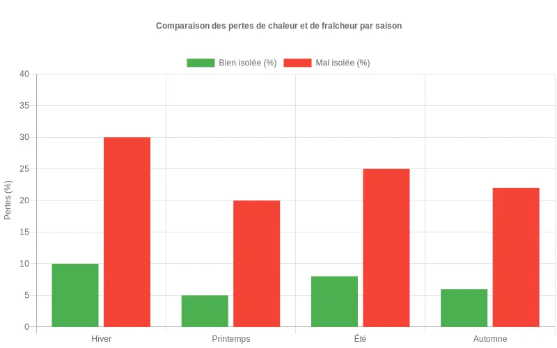 Comparaison saisonnière des déperditions thermiques entre fenêtres à isolation performante et déficiente en pourcentages