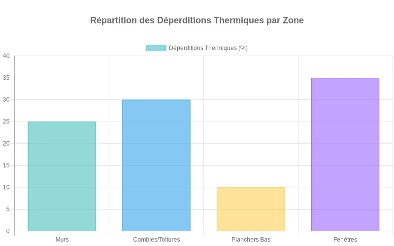 Diagramme en barres montrant les pourcentages de déperditions thermiques par élément de construction dans une maison sans isolation thermique. Répartition des déperditions thermiques d'un logement non isolé : toiture 30%, murs 25%, fenêtres 15%, planchers 10%, autres 20%.