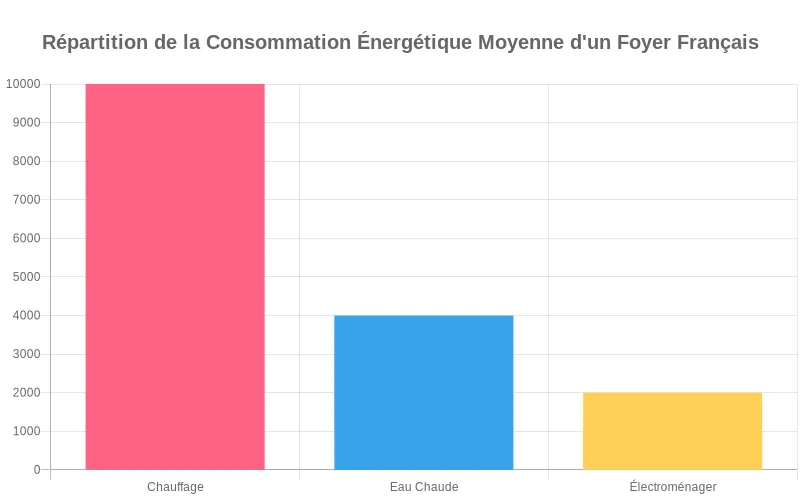 Consommation énergétique des foyers français : chauffage en tête, suivi par l'eau chaude et les appareils électroménagers en kWh.
