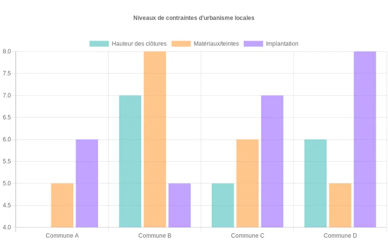 Diagramme comparant contraintes d'urbanisme (clôtures, matériaux, implantation) pour diverses communes, soulignant leur variabilité.