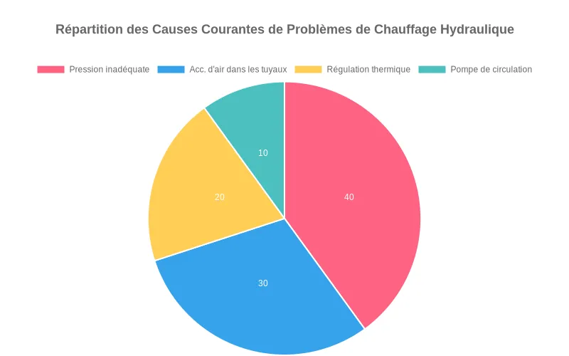 Diagramme circulaire montrant les quatre causes principales de pannes dans les systèmes de chauffage hydraulique avec leurs pourcentages respectifs.