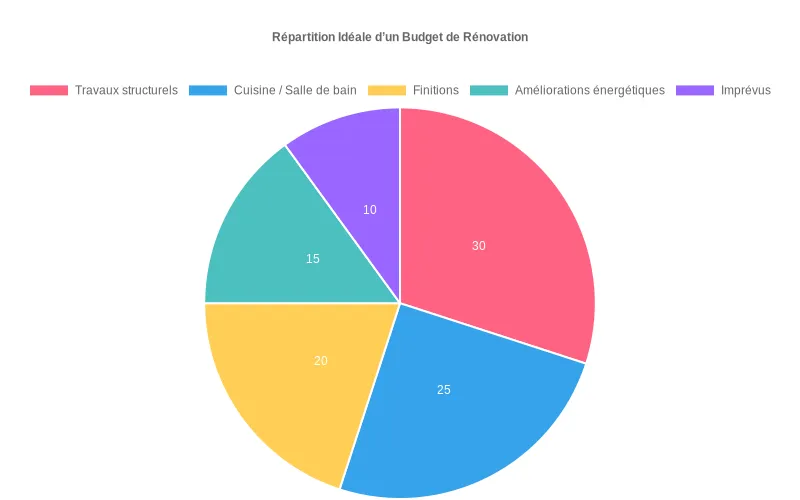 Répartition idéale d'un budget de rénovation par poste  :  structurel, cuisine, finitions, énergie et marge d'imprévus (10-15%).
