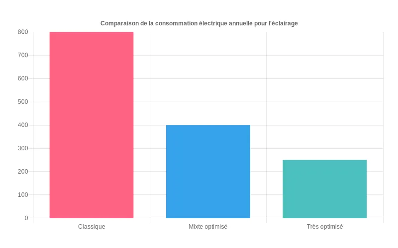 Consommation électrique annuelle d'éclairage en appartement  :  comparatif de trois scénarios pour l'optimisation énergétique.