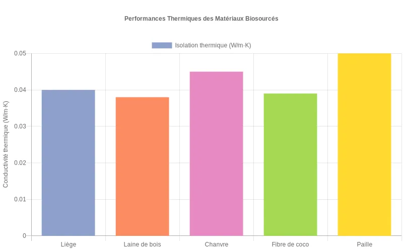 Diagramme à barres montrant l'efficacité isolante en W/m.K des matériaux naturels comme le liège et la laine de bois, classés par performance thermique. Bar chart comparatif des performances d'isolation thermique (W/m.K) entre le liège, la laine de bois et autres matériaux biosourcés écologiques.
