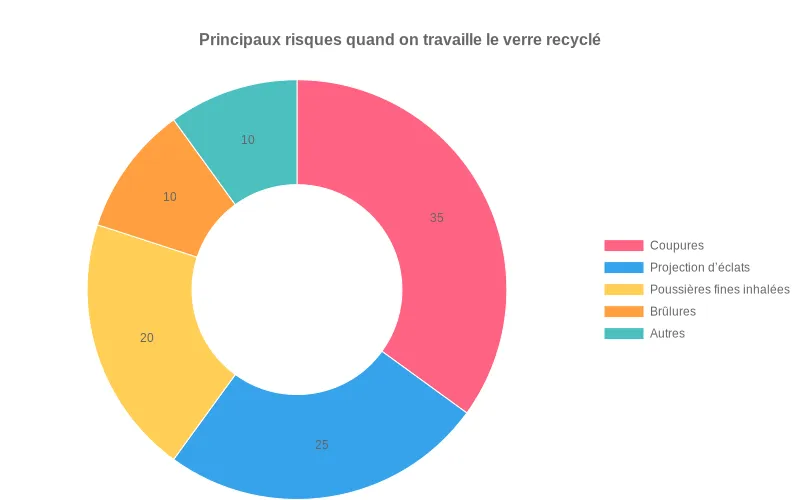 Diagramme circulaire en secteurs montrant les principaux risques du travail du verre recyclé, dont coupures, projections, poussières, brûlures et autres dangers