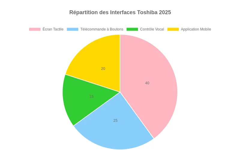 Répartition des interfaces des systèmes Toshiba 2025  :  écran tactile, télécommande, contrôle vocal et applications mobiles