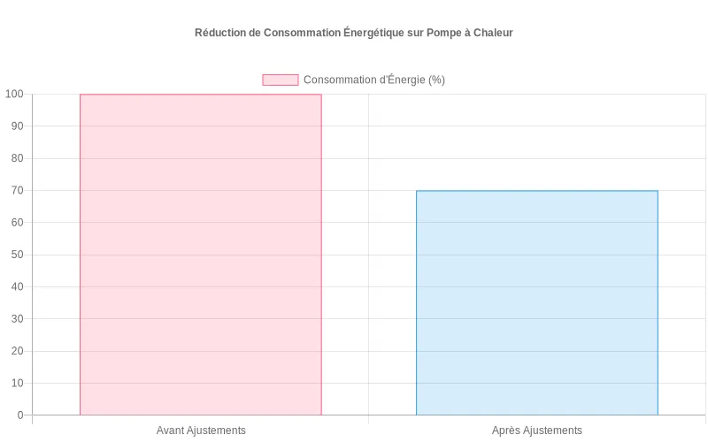 Bar chart comparatif montrant une réduction de 30% de consommation énergétique après optimisation des réglages de pompe à chaleur.