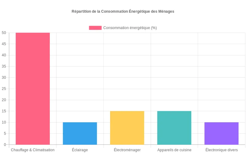Répartition énergétique domestique  :  50% pour chauffage/climatisation, le reste divisé entre éclairage, électroménager et autres usages.