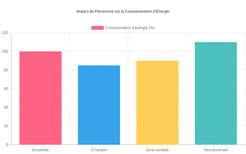 Diagramme à barres visualisant les variations de consommation d'énergie selon l'emplacement des unités extérieures de climatisation. Comparatif énergétique : unités extérieures placées au soleil, à l'ombre, en zones ventilées ou exposées aux vents dominants.