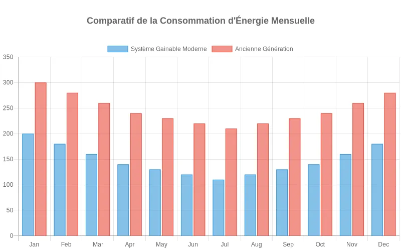 Économies énergétiques mensuelles : système gainable moderne vs climatisation ancienne génération, avec données comparatives en barres.