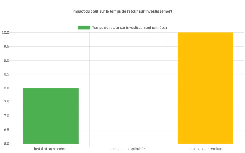 Bar chart montrant pour une PME le délai de retour sur investissement selon trois niveaux de coût d’installation pour une même puissance