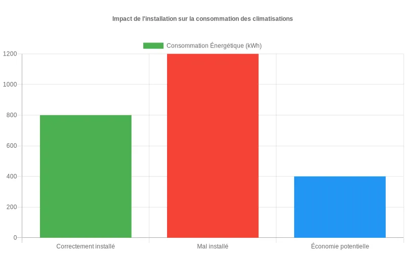 Bar chart comparant la consommation d'énergie entre climatisations correctement et incorrectement installées, révélant les économies réalisables Consommation énergétique comparée en kWh : climatisation bien installée vs mal installée, avec économies potentielles visualisées