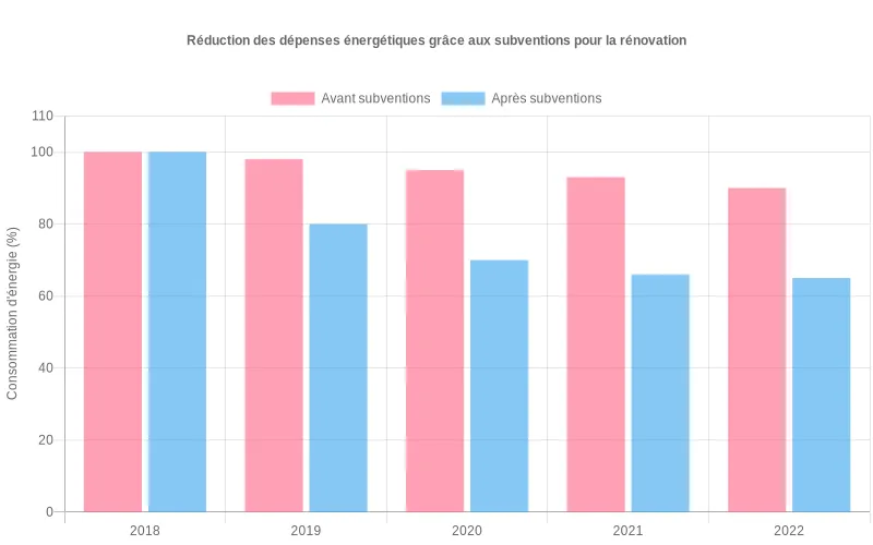 Bar chart montrant la baisse de consommation énergétique des foyers avant/après l'obtention des subventions européennes