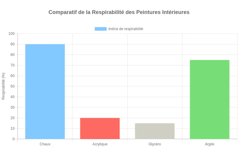 Diagramme en barres comparant la respirabilité de peintures intérieures  :  chaux, acrylique, glycéro et argile, avec indices visuels faible, moyen et élevé