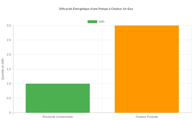 Un diagramme en barres montre la quantité de chaleur produite par une pompe à chaleur air-eau versus l’électricité consommée.
