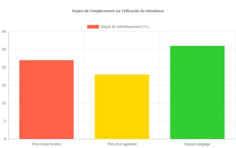 Analyse visuelle par barres montrant les variations de performance d'un climatiseur selon son emplacement dans la pièce, avec mesures comparatives en degrés Celsius. Bar chart comparant l'efficacité de refroidissement des climatiseurs selon leur positionnement : fenêtre, appareils électroniques ou espace dégagé.