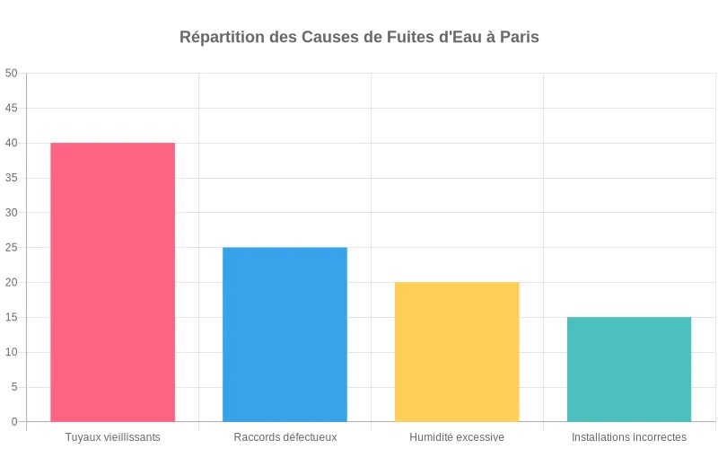 Ce visuel explique la répartition des fuites d’eau dans les appartements parisiens, en identifiant les causes majeures telles que le vieillissement des canalisations, les erreurs de pose et l’excès d’humidité. Ce diagramme à barres présente la part respective des causes de fuites d’eau dans les appartements parisiens, incluant tuyaux anciens, raccords défaillants, humidité et mauvaises installations.