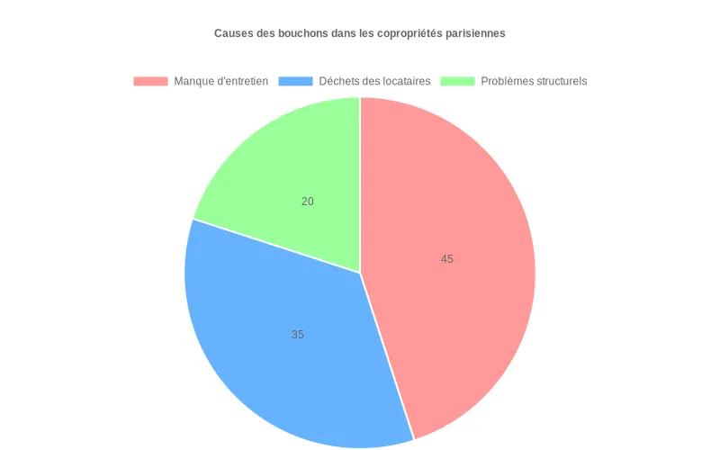 Secteurs colorés indiquant la part des causes des bouchons dans les copropriétés à Paris, dont l’entretien, les déchets et les problèmes structurels.